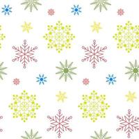 Seamless pattern of colourful snowflakes on isolated white background. Season celebration of New Year, Christmas, Winter holidays. Snowfall background for greeting cards, scrapbooking, wallpaper. vector