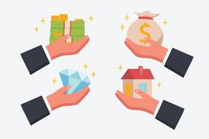 Hand holding money, diamond and property vector