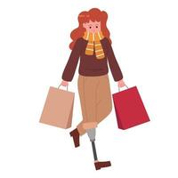 Disabled woman carrying shopping bag vector