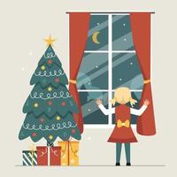 Little girl looking through window during Christmas vector