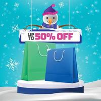 winter sale discount concept. shopping bags on podium and snow man with hanging offer board vector