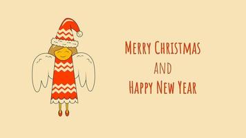 Cute Christmas Angel in Red Dress and Hat with Ornament Merry Christmas and Happy New Year Greeting Card or Background in Retro Style for Web vector