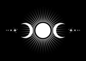 signo religioso wiccan de triple luna. símbolo de neopaganismo del logotipo de wicca, tatuaje de icono de diosa triple, diosa de la luna, la tierra y el parto. vector de media luna, media luna y luna llena aislado en negro