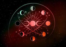 fases lunares en círculos orbitales, diosa triple, luna creciente, mandala espiritual, geometría sagrada. símbolo de rueda wiccan, tatuaje colorido de logotipo redondo vectorial aislado en fondo negro vector