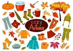 Autumn set with various elements of clothing and shoes, gifts of nature and other thematic elements of autumn. Vector colorful clipart for autumn decoration of postcards, banners or stickers.