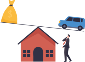 Businessman thinking to loan house and car. Financial and business risk, banking loan and debt risk, stability or balance of economics. png