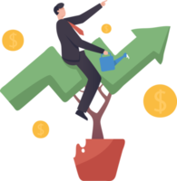 Businessman riding a graph. Plant in pot shaped like graph. Investment growth or business grow up, make profit in stock market or earning growth concept. illustration png