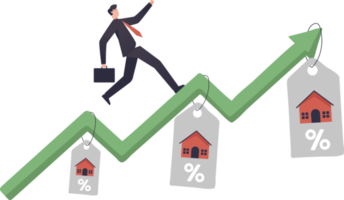 Housing price rising up businessman running on rising green graph on house price tag or house roof. real estate or property growth concept. illustration png