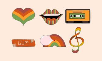 Set of retro stickers, 70s and 60s. Collection of groovy elements. Lips, heart, audio cassette, chewing gum, rainbow. Vector illustration in flat style