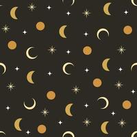 Seamless pattern with moon and stars on a dark background. Boho mystical celestial clipart. Vector Illustration.