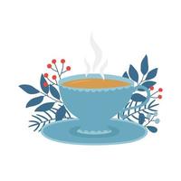 Cup of tea, saucer, winter leaves and berries. Template for cozy winter design. vector