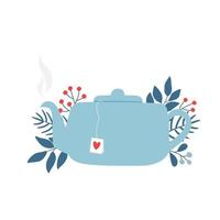 Blue teapot, winter leaves and berries. Template for cozy winter design. vector