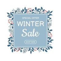 Winter sale banner template with twigs in blue colors. Template for social media, banner, poster, flyer vector