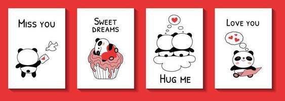 Valentines day cards with baby pandas vector illustration