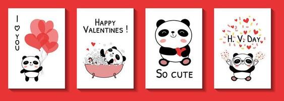 Tarjetas del día de San Valentín con ilustración de vector de pandas bebé