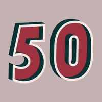 Vector number 50 with 3D effect in retro style. Well red and Deep Teal colors