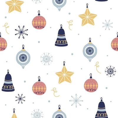 Christmas seamless pattern with balls, bauble, snowflake on white background. Perfect for holiday invitations, winter greeting cards, wallpaper and gift paper