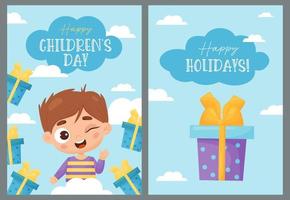 establecer carteles de niños de vacaciones feliz día de los niños. lindo niño guiñando un ojo con regalos sobre fondo azul. ilustración vectorial en estilo de dibujos animados. plantilla vertical para tarjetas de felicitación, diseño, pancartas, impresión. vector