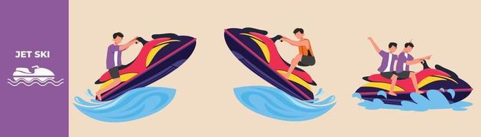 Sportsman on jet ski jump on the wave and Boys riding jet ski on the wave. Riding jet ski set concept. Flat vector illustrations isolated.