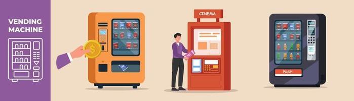 Man buying food, drinks and tickets via vending machine. Vending machine set concept. Colored flat graphic vector illustration isolated.