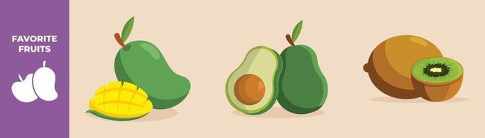 Mango, Avocado and kiwi. Fruits set concept. Colored flat graphic vector illustration isolated.