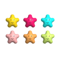 Set of colorful stars. Collection of realistic 3D multicolored star emoticon shapes on transparent background png