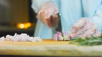 The chef slices the red onion. Macro shooting video