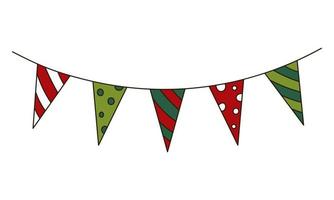 Simple garland with triangle flags. Doodle illustration for Christmas decor. Red and green bunting vector