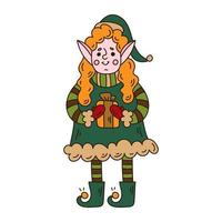 Elf girl santa's asistente lindo personaje de garabato. vector