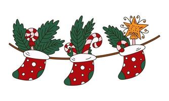guirnalda navideña sobre la chimenea con regalos en calcetines. caramelos, estrella, caramelos y piruletas en estilo garabato vector