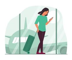 Passenger Woman Holding Suitcase and Walking in Airport vector