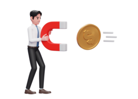 businessman in white shirt blue tie standing holding magnet attracting gold coin, 3d rendering of business investment concept png