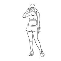 mujer deportiva de longitud completa con gorra de pie ilustración vectorial dibujada a mano aislada en el arte de línea de fondo blanco. vector