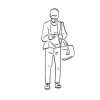 hombre con gorra usando un smartphone con su bolsa ilustración vector dibujado a mano aislado en el arte de línea de fondo blanco.