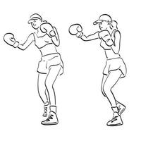 two sporty women punching with boxing gloves illustration vector hand drawn isolated on white background line art.