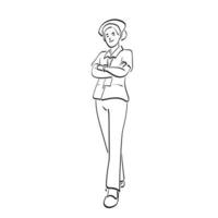 full length nurse standing with arm crossed illustration vector hand drawn isolated on white background line art.