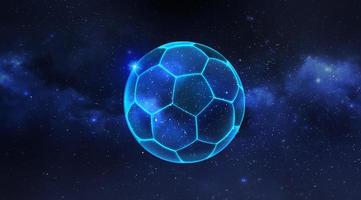 Soccer ball or football with futuristic blue glowing neon lights floating in the Planet view from space. 3d render photo