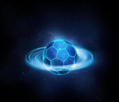 balón de fútbol con luces de neón brillantes azules futuristas. concepto de juego de pelota foto