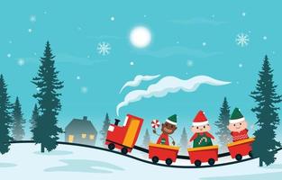 niños felices niños jugando tren invierno navidad ilustración vector