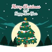 Pine Tree Snowflakes Merry Christmas Happy New Year Greeting Card Design vector