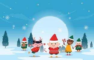 Kids Children Playing Outdoor Snow Winter Christmas Illustration vector