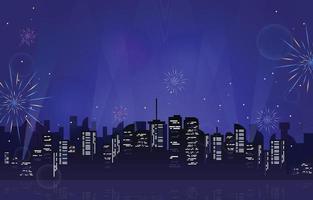 feliz año nuevo ciudad edificio paisaje urbano fuegos artificiales agua reflexión vector