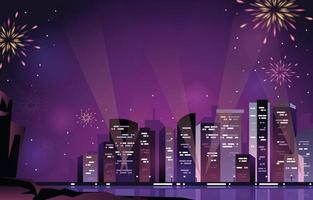 Happy New Year City Building Cityscape Fireworks Water Reflection vector