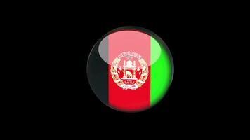 3D rotierende Flagge Afghanistans auf transparentem Hintergrund. afghanistan flag glass button concept style mit kreisförmigem metallrahmen. 4k ultra hd prores 4444, rendern mit alphakanal. video