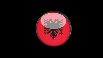 3d bandera giratoria de albania sobre fondo transparente. estilo de concepto de botón de vidrio de bandera de albania con marco de metal circular. 4k ultra hd prores 4444, renderizado con canal alfa. video