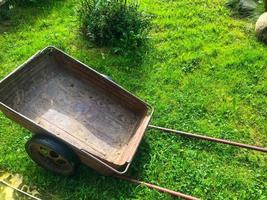 carretilla de metal para mantenimiento de jardines. carro rosa, viejo y oxidado para el transporte de fertilizantes, patatas, frutas de huerta. asa larga para hacer rodar el carro. jardinería foto