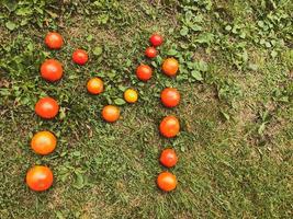 carta hecha de tomate. inscripción de verduras. la letra m está llena de tomates rojos, rosados, amarillos, jugosos y redondos. ensalada de vitaminas, sobre un fondo de hierba amarilla. inscripción útil foto