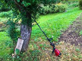 una cortadora de césped se encuentra cerca de un árbol. una máquina cortadora se encuentra cerca del manzano, esperando al jardinero. cosecha de hierba otoñal amarillenta. preparando el jardín para el invierno foto