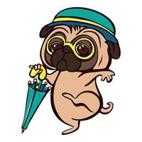 Pug with umbrella icon, cartoon style vector