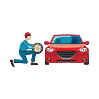 Mechanic changing wheel on red car icon vector